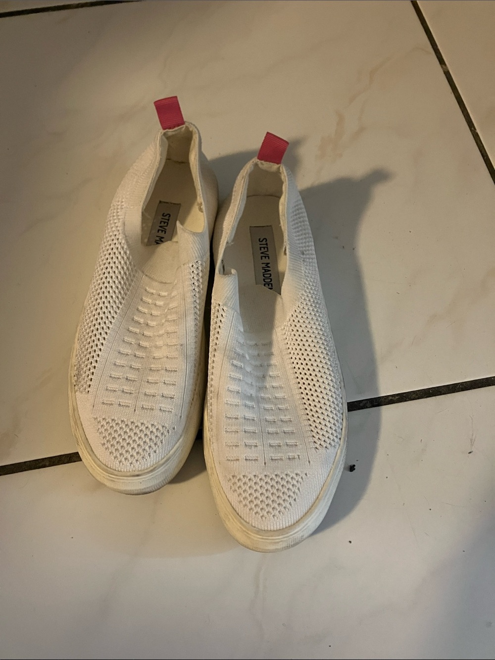 Steve Madden White Knit Slip-On Sneakers with Pink Heel Loop